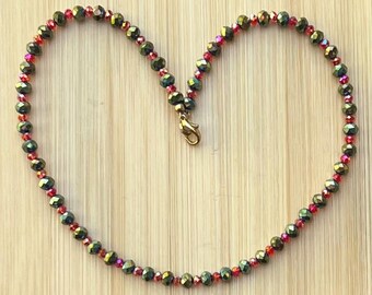 Crystal Bead Necklace, Green and Pink Crystals, Colorful Crystal Necklace, Handmade Necklace,Dainty Necklace,Gift for Women,Faceted Crystals