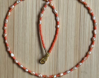 Freshwater Pearl Necklace: Orange Glass Beads, Miyuki Seed Beads