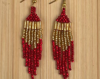Red and Gold Holiday Earrings, Seed Bead Earrings, Stocking Stuffer, Secret Santa Gift, Beaded Fringe Earrings, Santa Seed Bead Earrings.