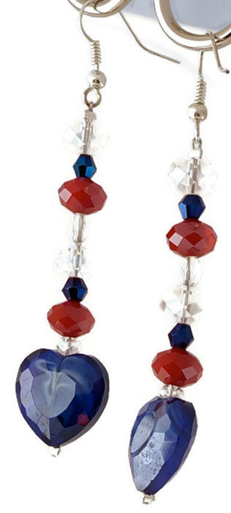 Patriotic Jewelry / July 4th Jewelry/ Red,White and Blue Bracelet, Earrings in Crystals and glass bead heart/ Holiday Jewelry image 5