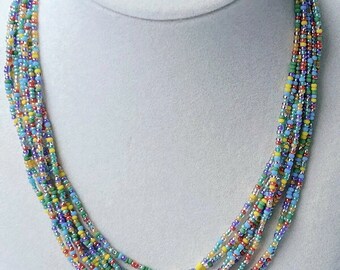 Zaadkralenketting, lange ketting, ketting met meerdere strengen, handgemaakte kralenketting, kleurrijke ketting, veelkleurige ketting, kleurrijke sieraden