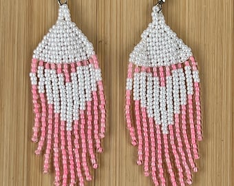 Pink & White Seed Bead Heart Earrings: Holiday Jewelry