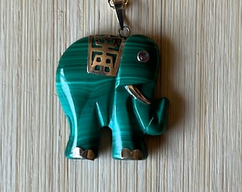 Vintage 14k Malachite Elephant Pendant with Ruby Eye