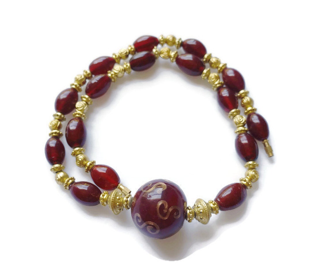 22 Inches Red Oval Glass Bead Necklace With Round Bead Pendant Etsy