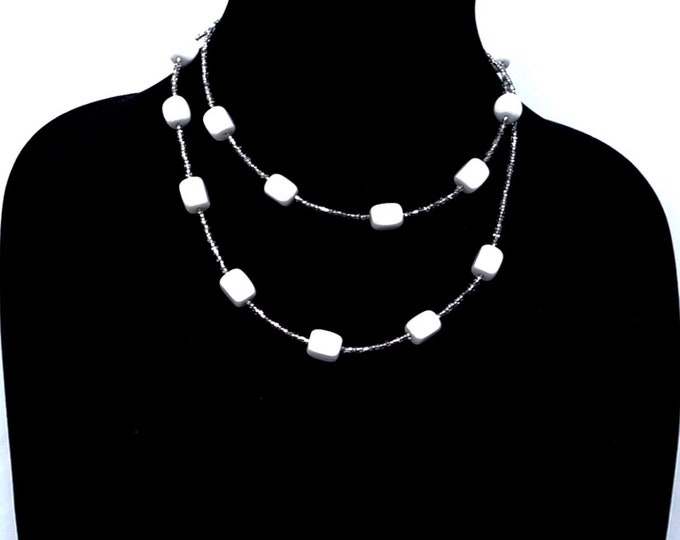 Long Agate Bead Seed Bead Necklace, White Necklace, 35 Inches Long