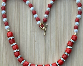 Red Coral and Pearl Necklace with Rhinestone Spacers, Coral Jewelry, Coral, Pearl, Rhinestone Jewelry, Chunky Coral Jewelry, Red and White
