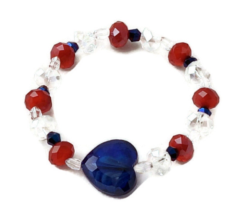 Patriotic Jewelry / July 4th Jewelry/ Red,White and Blue Bracelet, Earrings in Crystals and glass bead heart/ Holiday Jewelry image 1