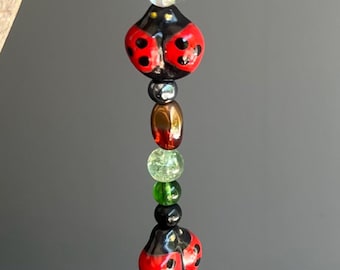 Sun Catcher Window, Garden Decor, Bead Wall Hanging, Colorful beads, Great Gift Idea, Lady Bug Beads, Red Beads, Mother's Day gift.