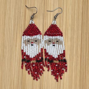 Xmas Earrings, Holiday Jewelry, Santa Beaded Earrings, Santa Dangle Earrings, Santa Earrings, Red and White Earrings, Gift for girls, Gift