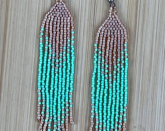 Green and Shiny Mustard brown seed bead Earrings,  Long Earrings, Green Earrings,  Fringe Earrings, Teen Girl's Earrings, Xmas gift,