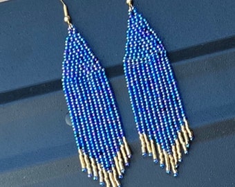 Long Seed Beaded Earrings, Dark Green Fringe Earrings, Seed Bead Earrings,Dangle Earrings, Statement Earrings,Boho/bohemian/hippie,Handmade