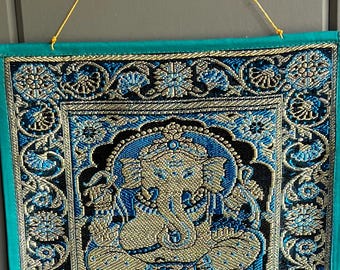 Wall Hanging, Good Luck Ganesha, Tapestry Wall Hanging, Elephant, Gold thread Design, Hindu God.