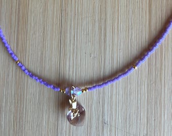 Lavender Seed Bead Choker: CZ Heart Pendant, Handmade, Dainty