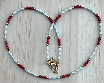Genuine Coral, Pearl and 14k Bead Necklace, Holiday Necklace, Dainty,Gift for Her,Elegant and Handmade Jewelry,Natural Coral,Cultured Pearls