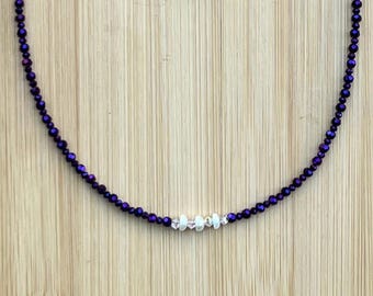 Crystal Necklace, purple Crystals, Pearl Necklace, 3 mm Crystal Beads, Elegant, Minimalist, Festive. Holiday Necklace, Evening Wear,Holiday