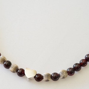 Garnet Necklace with a Heart Pendant / January Birthstone Bead Necklace / Garnet and Silver Beads / Teen Jewelry / Valentine Necklace
