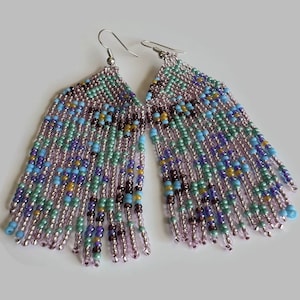 Floral seed bead earrings, Long Seed bead Earrings,Geometric Earrings,Multi Color Seed Beads,Light Amethyst Seed Bead Earrings,Handmade Gift
