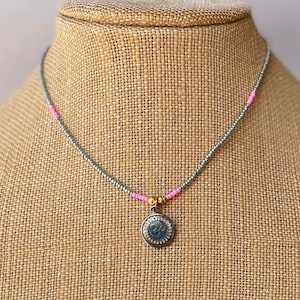 Pearl green and Pink Choker, Metallic Green Choker, Green Seed Bead Choker, OM Pendant, Layer Necklace, OM Choker Necklace, Yoga Jewelry