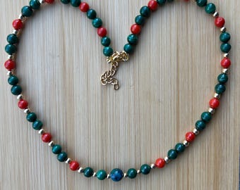 Malachite, Coral, 14K Bead Necklace, Red Coral Accent, Handmade Gemstone, Green Necklace, Xmas Colors, Holiday Jewelry, Adjustable, Elegant.