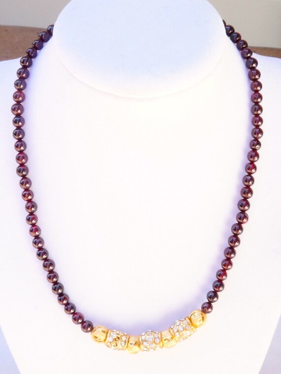 16 inches Garnet Necklace with Gold Beads and Rhinestone Beads | Etsy