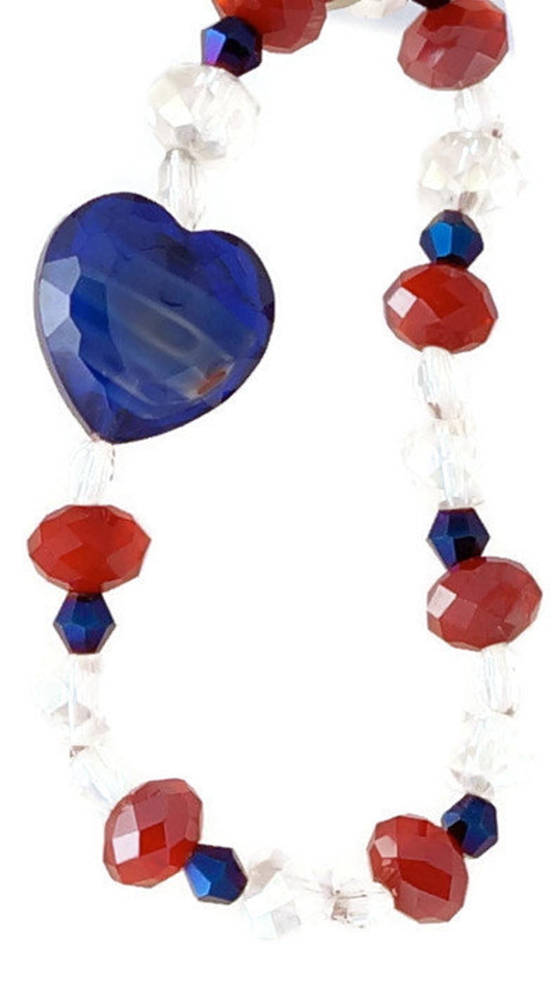 Patriotic Jewelry / July 4th Jewelry/ Red,White and Blue Bracelet, Earrings in Crystals and glass bead heart/ Holiday Jewelry image 4