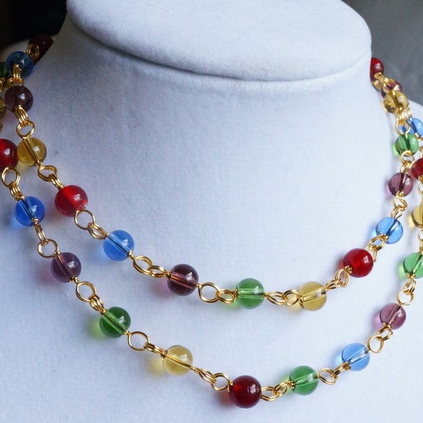 Wire Wrapped Multi color Bead Necklace / Multi Color Glass Bead Necklace / Glass Bead Necklace