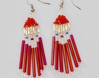 Santa Claus Earrings, Santa Beaded Fringe Earrings,  Santa Claus Dangle Earrings, Christmas Earrings, Holiday Earrings, Red Bead Earrings