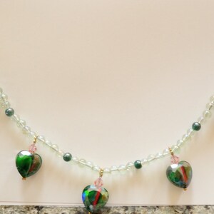 Glass Bead Heart Necklace, Green Glass Bead Necklace, Dangling Heart Necklace, Glass Bead Necklace,Green Necklace,Heart Beads,Gift for Girls