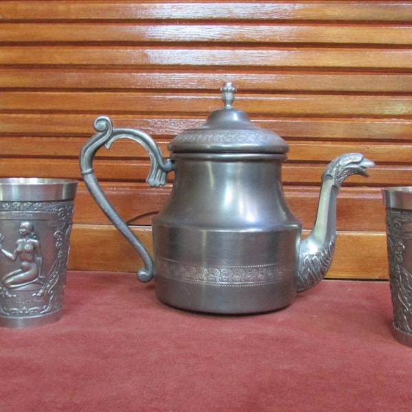 Antique German Zinn Pewter Serpent-Phoenix- Aquarius- Virgo-Teapot-Cup-Rare-Rama-Zinn Becker