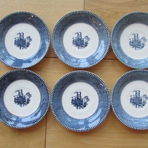 Vintage Saucers Currier and Ives Blue and White Royal China Set of Four Steamboat Set of 6