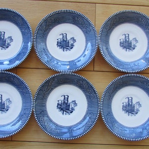 Currier and Ives Steamboat River Boat Plates Blue and White Teacup Saucers Set of 6-6 inches