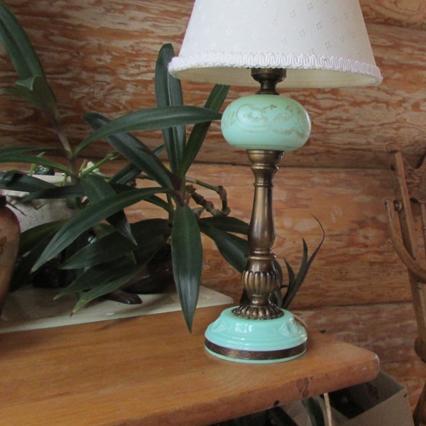 Vintage Green Jadeite and Brass Lamp Elegant Details--Peacock, Floral, Scroll Design