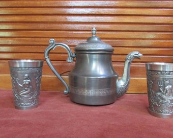 Antique German Zinn Pewter Serpent-Phoenix- Aquarius- Virgo-Teapot-Cup-Rare-Rama-Zinn Becker