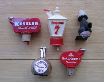 Vintage Bottle Top Liquor Bottle Shot Pours, Set of 5, Seagram's 7, Seagram's Golden Gin, Kessler, MacNaugthons