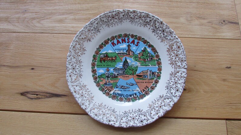 Vintage Kansas Souvenir State Plate Hand Painted Sunflower State