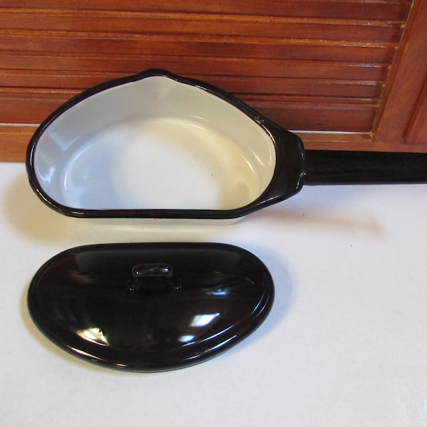 Vntg Enamelware Unusual Half Pot Shape Sauce Pan and Lid Mid Century White and Black