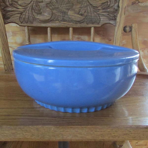 Hall China Refrigerator Blue Bowl and Lid Montgomery Ward & Co Ceramic USA 1940's