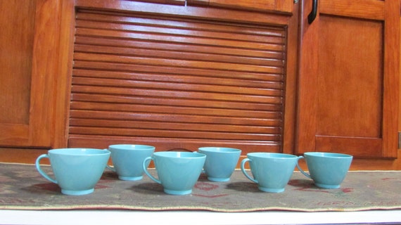 Lenotex Melmac Turquoise Blue Coffee Cups Robins Egg Blue Set of 6 C Handle