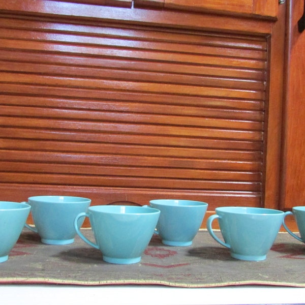 Lenotex Melmac Turquoise Blue Coffee Cups Robins Egg Blue Set of 6 C Handle