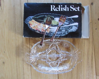 Crystal Relish Set Leonard Silver MFG Crystal Relish Dish with Forks Vintage Original Box