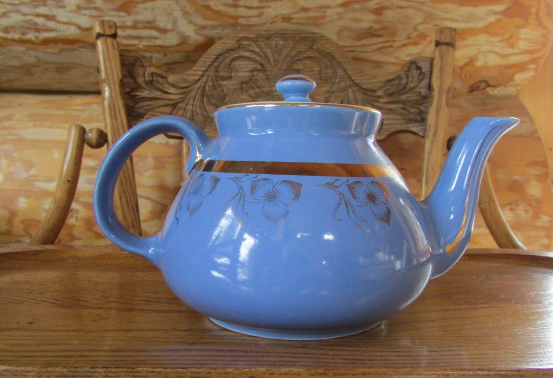 Vintage Hall Pottery Teapot 6 Cup02922kt Gold Accent Floral Blue Etsy