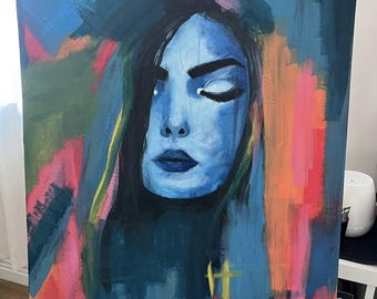 肖像画の女性の絵画 キャンバスにアクリル絵の具 サイン入り / 女性の