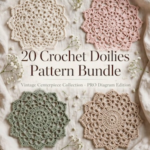 Puede incluir: Un documento digital titulado 20 Crochet Doilies Pattern Bundle, Vintage Centerpiece Collection - PRO Diagram Edition, que muestra cuatro tapetes de ganchillo redondos en crema, rosa empolvado, verde salvia y beige, con 20 Patterns, 20 Diagrams, 20 Photos.