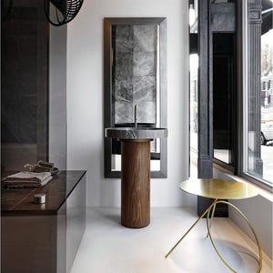 Lavabo sur colonne excentré sur colonne | Lavabo sur pied cannelé en pierre artificielle