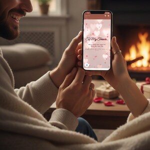 Puede incluir: Un teléfono inteligente que muestra un mensaje con gráficos de corazón y el texto "To My Forever..." es sostenido por dos personas. La pantalla tiene un fondo rosa con corazones blancos. La escena está ambientada en una habitación acogedora con chimenea e iluminación suave.