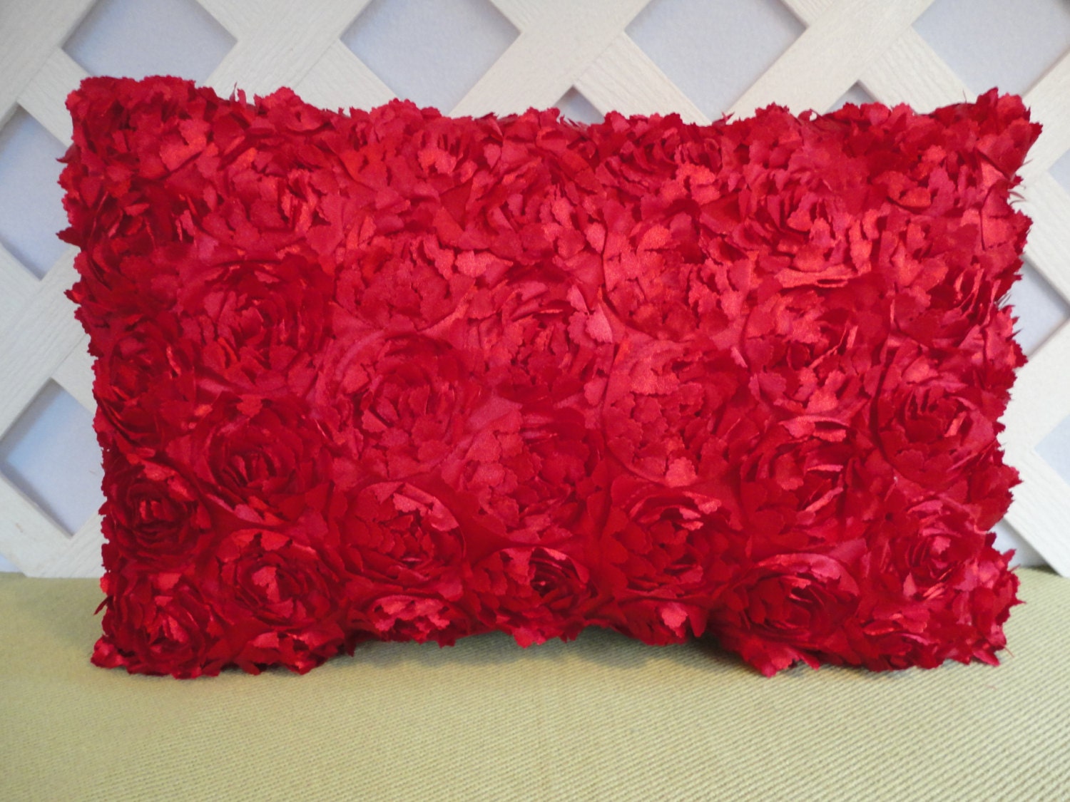 Silky Red Rosette Pillow / Red Roses Pillow / Red Pillow / Etsy