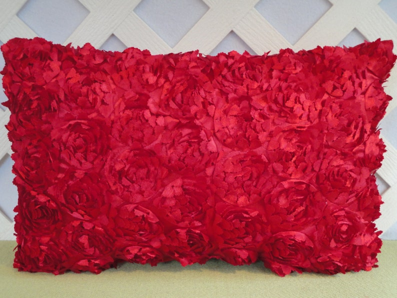 Silky Red Rosette Pillow / Red Roses Pillow / Red Pillow / Etsy