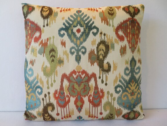 Ikat Pillow Cover In Teal Blue Coral Red Yellow Brown Etsy
