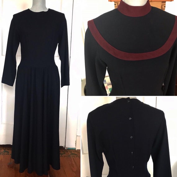 Vintage wool dress 1930s 30s navy blue with burgun