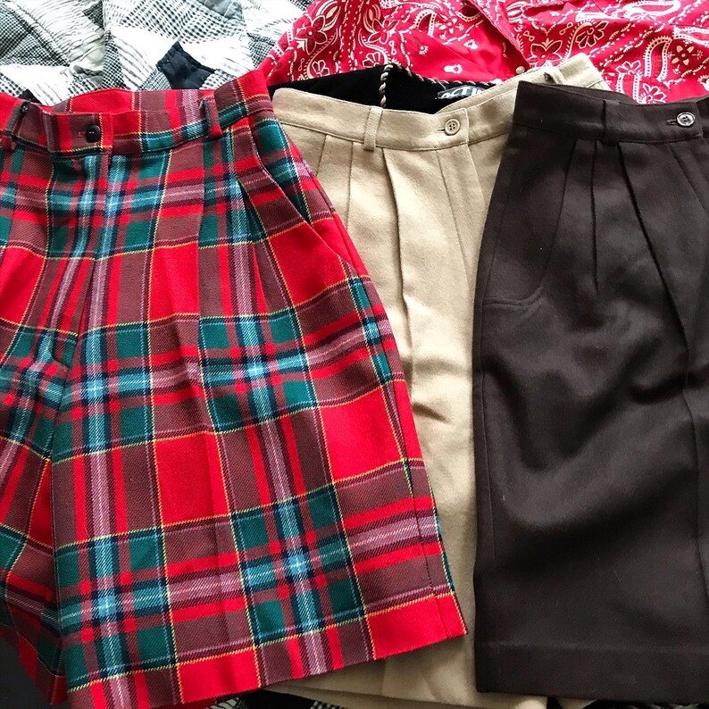 Vintage Wool Shorts High Waist Pleated Preppy Three Pairs